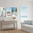 3pcs Framed Pink Coastal Canvas Wall Art Tropical Beach Poster Print Surfboard Palm Tree Van Picture for Beach House Bathroom Living Room Bedroom and More Home Decor 24x16in