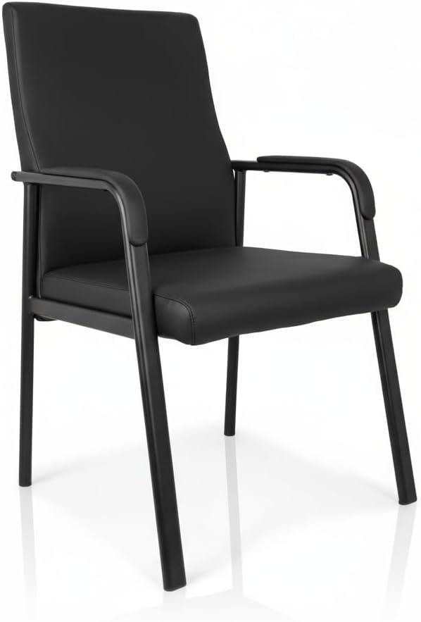 Leather Office Guest Chair, Guest Conference Room Chair, 600 LBS Capacity High Back Reception Chair with Padded Armrests, No Wheels, Black - 1 Pack