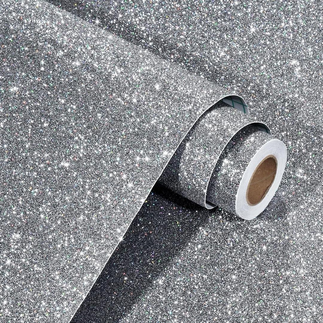 WESTICK Dark Silver Glitter Wallpaper 15.8"x394" Sparkle Glitter Contact Paper Self Adhesive Shiny Gray Silver Peel and Stick Wallpaper Decorative Sequin Wall Paper for Bedrooms Walls DIY Party Decor