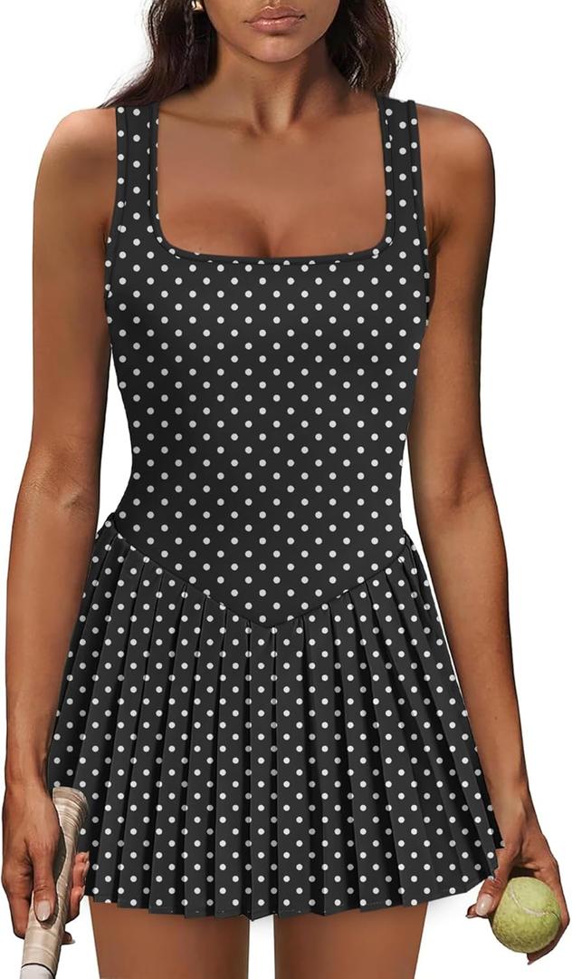 NIASHOT Polka Dot Dress Summer Rompers Womens Tennis Dress Pleated Skirt Athletic with Shorts Vacation Dresses Graduation Spring Outfits 2026 Pilates Fashion Clothing Black Dots M