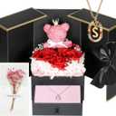 Cute Preserved Real Roses Bear Gift Box for Girlfriend with Initial Necklace S, Unique Birthday Gift for Mom, Her, Grandma, Anniversary Presents for Wife Women