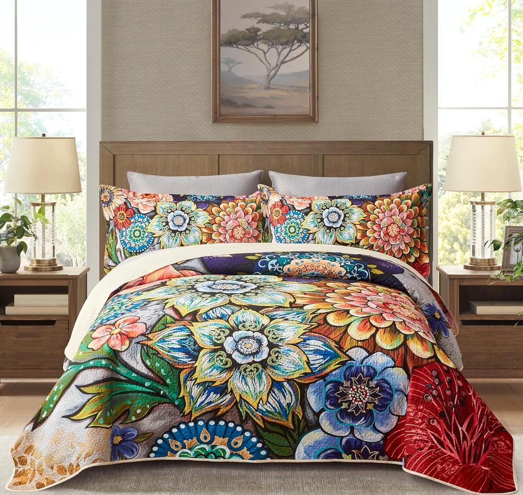 Asuexpect 3 Piece Boho Floral Quilt Sets California King Size Bohemian Flower Microfiber Bedding Set Vibrant Bright Soft Lightweight Comforter Bedspread Coverlet (118''x106'') with 2 Shams (20"x 36")
