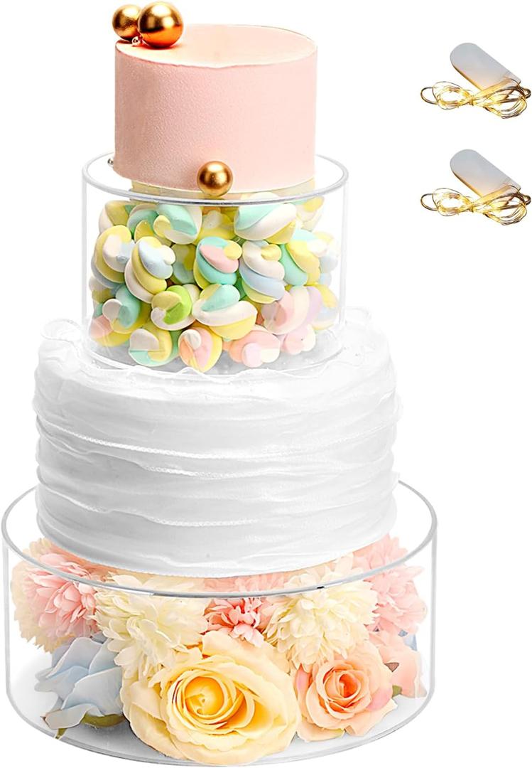 Choowin 2 Pcs Acrylic Cake Stand Fillable Cake Stand Floating Clear Cake Stand Cake Riser Cake Tier Cake Display Round Cake Stand Birthday Wedding Cake Stand Cylinder Stand for Party(10 inch,6 inch)