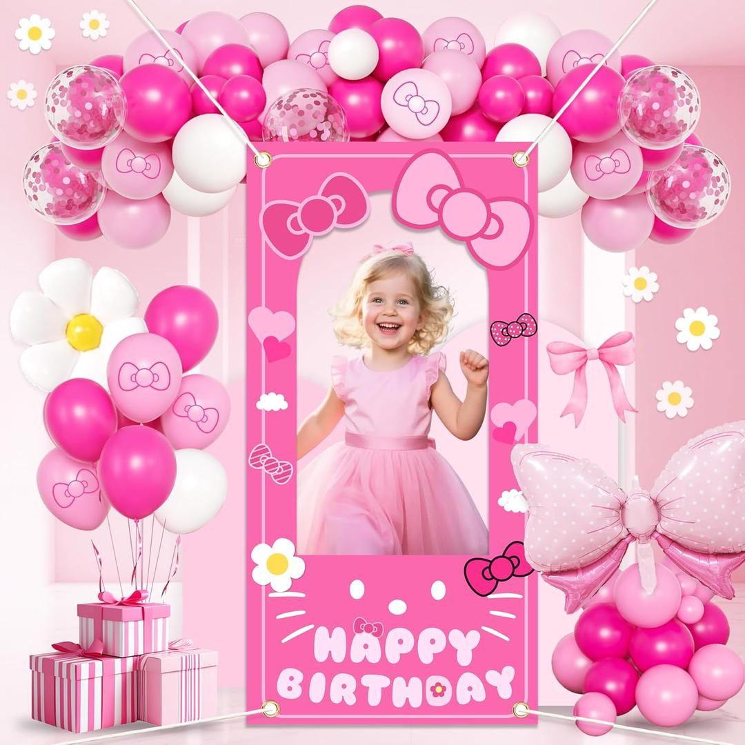 Birthday decorations for girls,Happy Birthday Banner, 35 Balloons,Pink bow Foil Balloon,Photo Booth Props for women (Pink Cat)