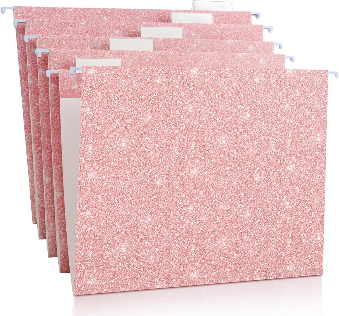 25 Pcs Pink Hanging File Folders 12 x 9.25'' Glitter Hanging Folders with 25 Paper 1/5 Cut Adjustable Tab and 25 Plastic Tab for Medical Charts Office Desktop