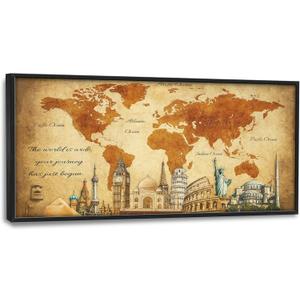 Large World Map Wall Art for Living Room Big Map Wall Decor Travel Cityscape Pictures Nautical Canvas Prints Painting Places of Interest Artwork Decoration for Bedroom Office Framed Gifts 30"x60"