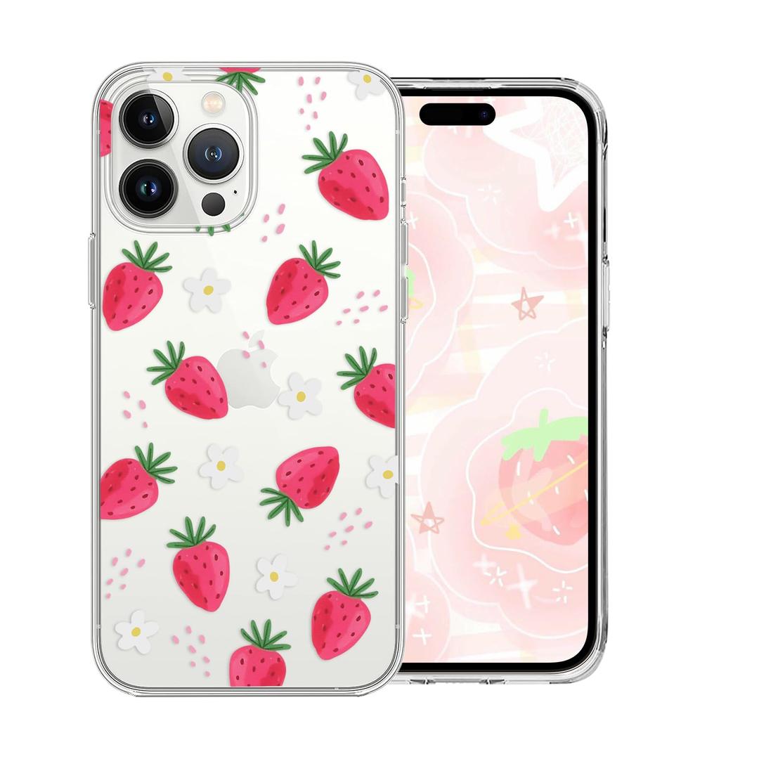 6 x Cute Strawberry Case for iPhone 15 Pro Max 6.7 Inch with Kawaii Little Daisy Design,Clear Slim Soft TPU Shockproof Protective Cover Compatible for iPhone 15 Pro Max for Women Girls Kids
