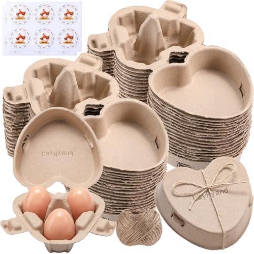 30 PCS Valentine Heart Shaped Egg Cartons with Labels, Easter Pulp Paper Egg Cartons 3 Count with Jute Rope, Cute Egg Basket Storage Container Holder, Lover Gift Chicken Eggs Crate