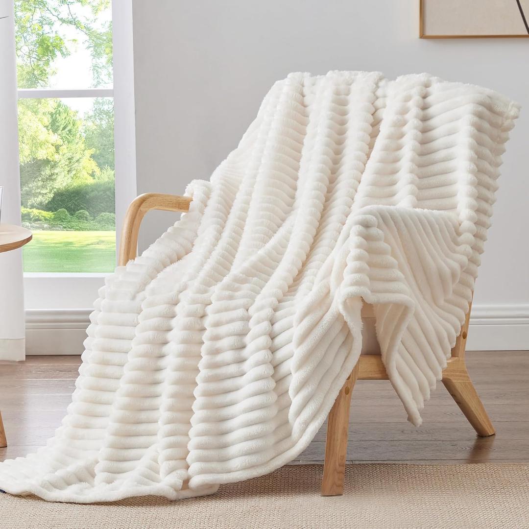 BEDELITE Fleece Throw Blanket for Couch - 300GSM Soft & Warm Fluffy Cream Blanket, Decorative and Giftable Striped Blankets for Women, Men, 50"x70", Throw XL