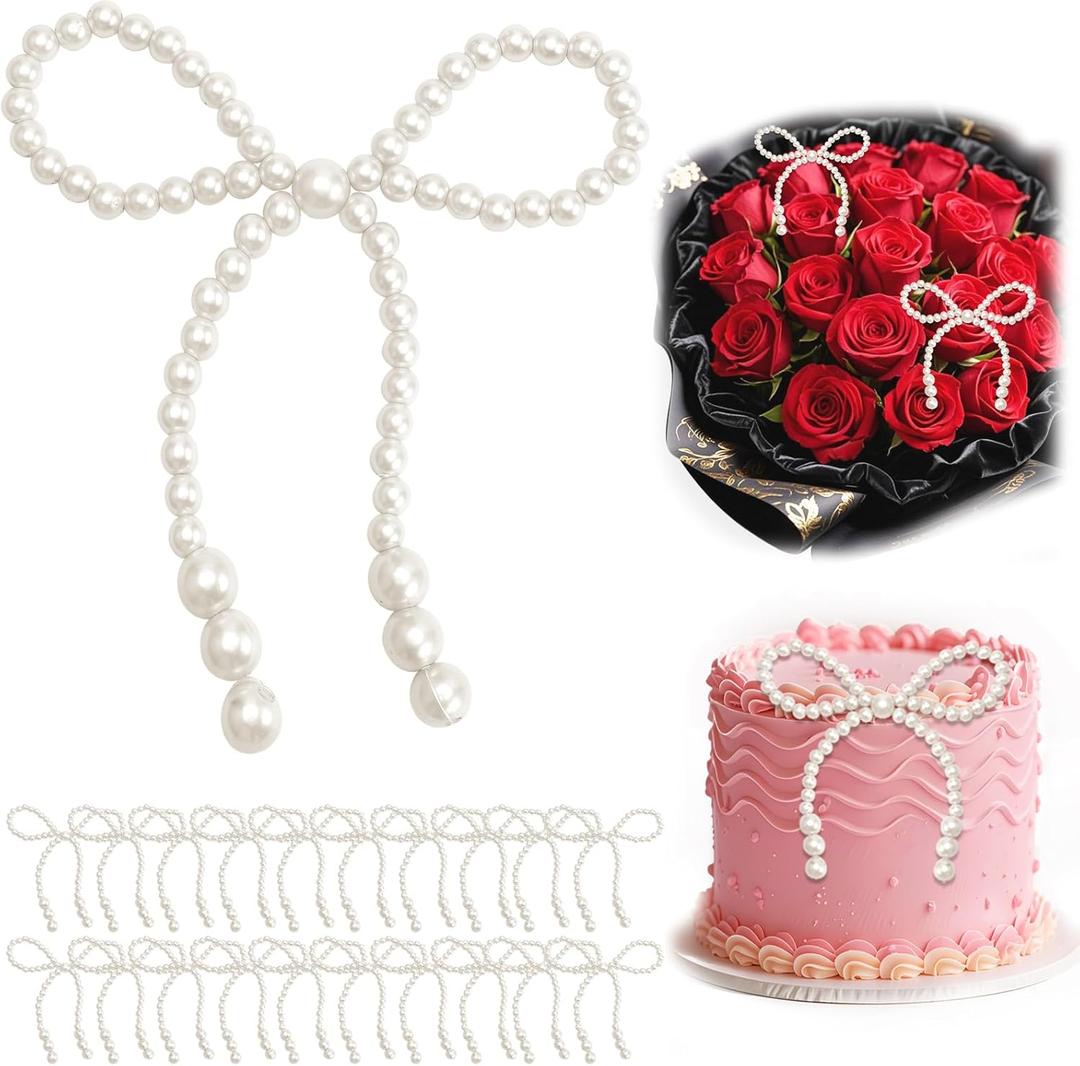 20Pcs Pearl Bow Cake Topper Pearl Bows for Bouquets Cupcake Party Coquette Cake Decorations Cute Cake Decor for Weeding Baby Shower Women Girls Princess Themed Birthday Party Accessories White