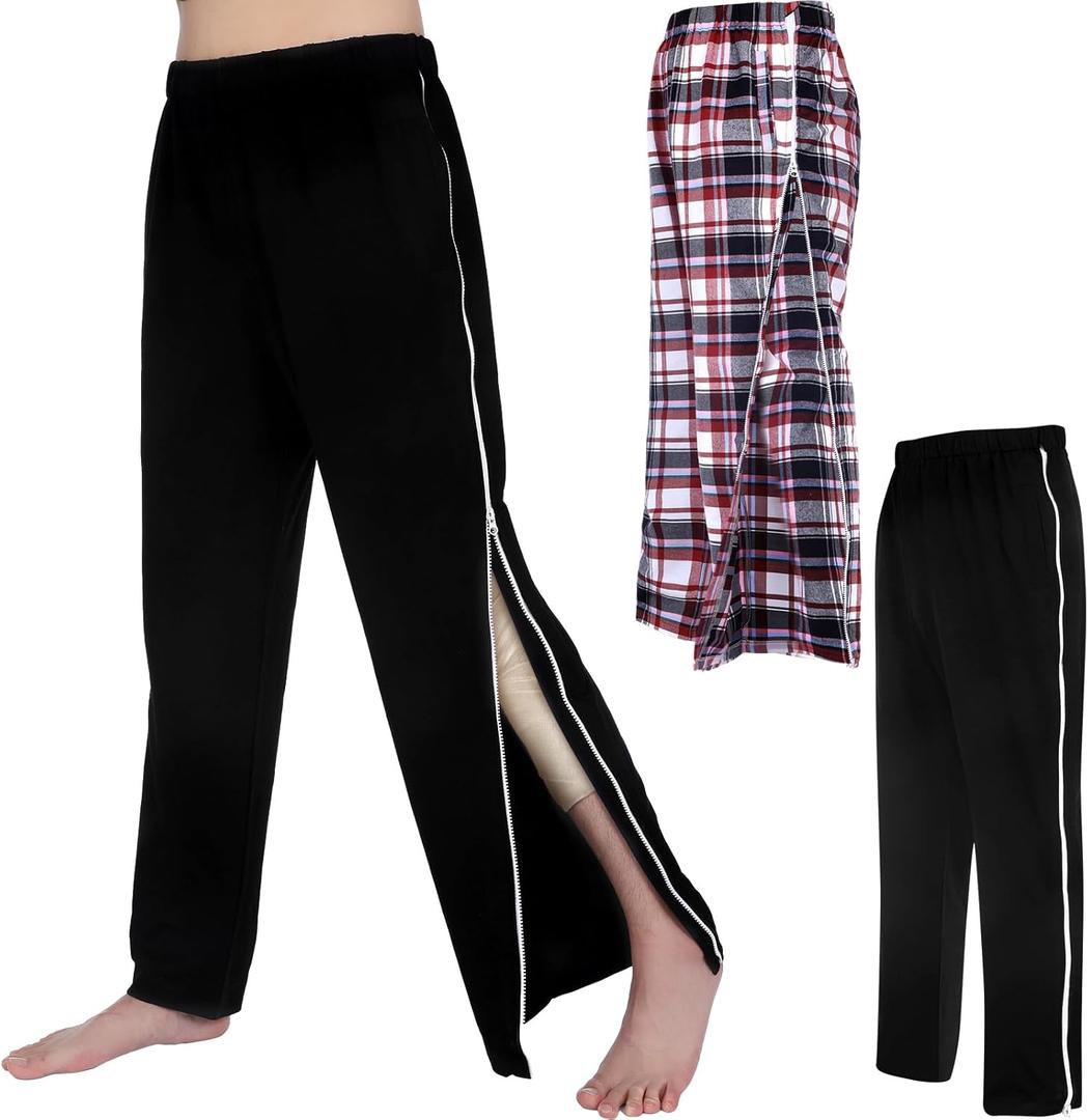 2 Pcs Post Surgery Tearaway Pants for Men Women Unisex 2 Side Zippers off Full Open Lightweight Sweatpants (Black, Red Checks), XL