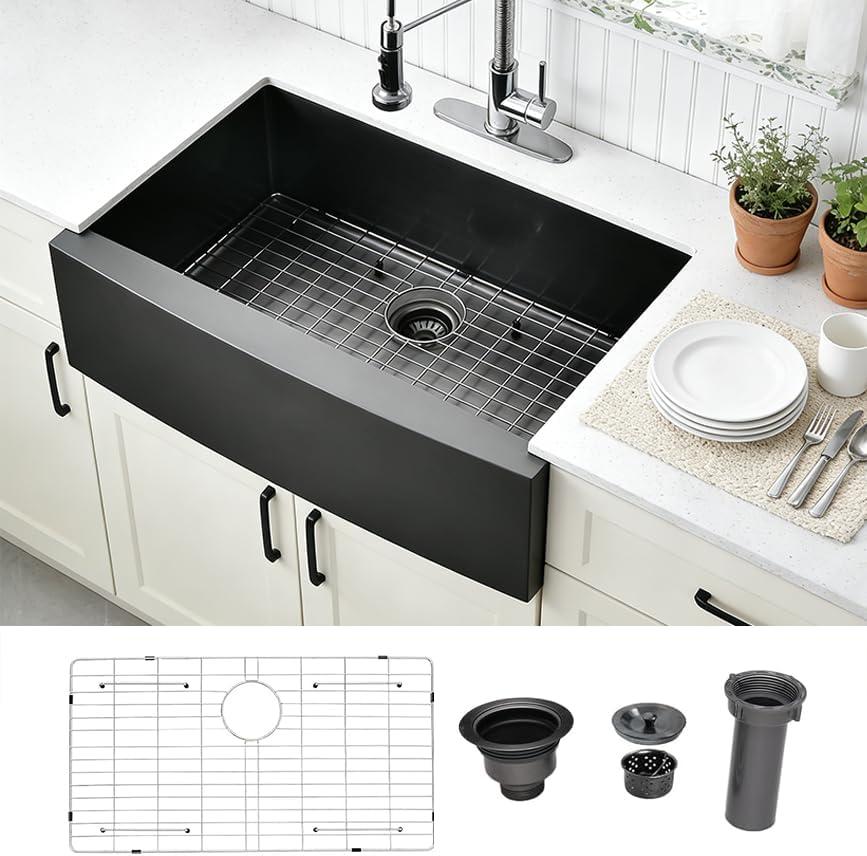 VALISY Black Farmhouse Sink 33 Inch, 33x22 Apron Front Farmhouse Kitchen Sink, 16 Gauge Stainless Steel Undermount Deep Single Bowl Luxury Rustic Farm Sinks with Dish Grid and Drainer