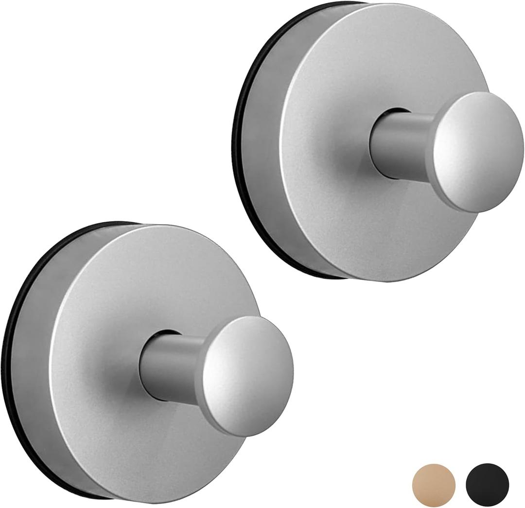 Suction Cup Hooks for Shower, Bathroom, Glass Door, Mirror, Tile - Loofah, Towel, Coat, Robe for Hanging up to 15 lbs Brushed Gold, Brushed Nickel Chrome, Black - 2 Pack (Brushed Nickel/Chrome)