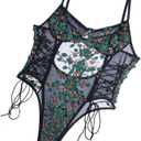 The Crafty Owl Floral Embroidery Lace Up Bodysuit Lingerie for Women (Medium, Black/Green)