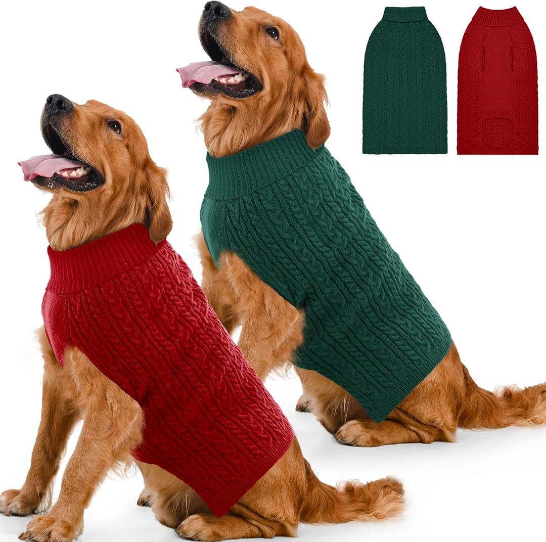 2 Pack Dog Sweaters for Large Dogs Winter Turtleneck Pullover Cable Knit Fleece Stretch Pitbull Labrador Golden Retriever Doberman Bulldog Boy Girl Pet Clothes (XXL, Red & Green)