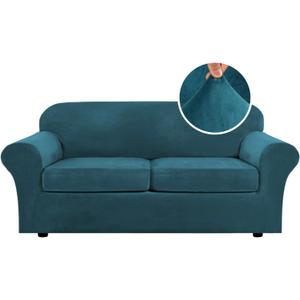 H.VERSAILTEX Real Velvet Plush 3 Piece Stretch Sofa Covers Couch Covers for 2 Cushion Couch Sofa Slipcovers Width Up to 90 Inch Feature Thick Soft Stay in Place (Large Sofa, Deep Teal)