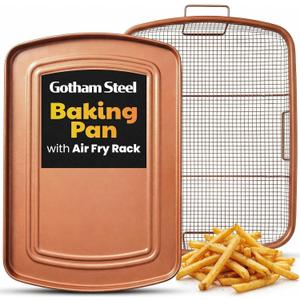 Gotham Steel Baking Sheet with Air Fry Rack, 16.5 x 12.5, 2 Pc Multipurpose Air Fryer Tray and Cookie Sheet Pan for Oven, Use as Cooling Wire Rack, for Cooking, Pizza, Bacon, Dishwasher Safe