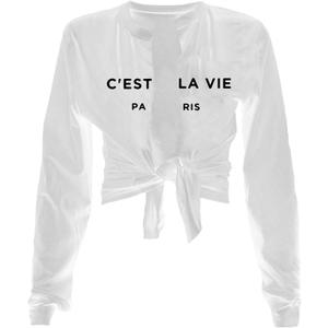 Sexy Tie Front Crop Top for Women Long Sleeve Graphic Tee Shirt Clubwear (Large, Cest White)