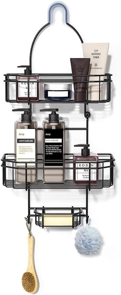 Shower Caddy Hanging Over Head, Bathroom Shower Organizer Shower Rack Holder with Hooks for Razors - Black