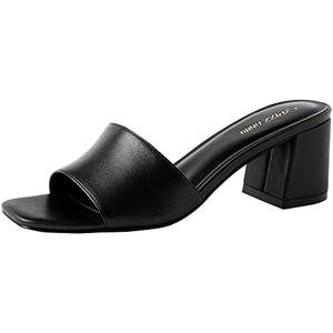 PIZZ ANNU Women's Square Open Toe Heels Sandals Low Block Chunky Heeled Sandal Slip on Mules Comfortable Casual Dress Pumps Shoes Size 9
