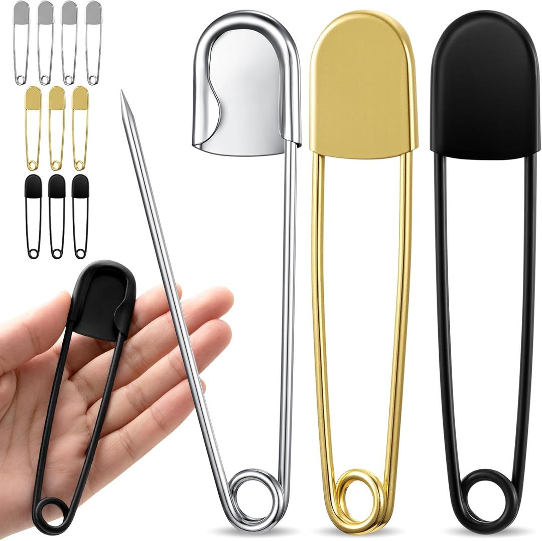 Juexica 10 Pcs Large Safety Pins 5 Inch Jumbo Stainless Steel Safety Pins Heavy Duty Huge for Strong Laundry Upholstery Sewing Quilting Key Rings Craft Outdoor (Black,Silver,Gold)