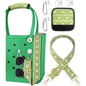 Bag Strap Crossbody for Bogg Bag Accessories - Charms Shoulder Strap Neoprene Luggage Handle Wrap for Suitcase & 2 Key Holders Green Geometry