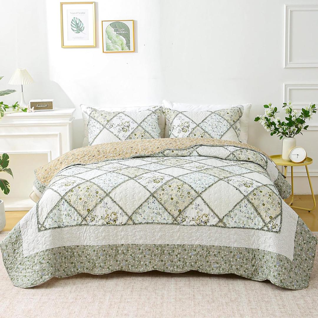 Patchwork Quilt Set King Size, 3 Pieces Floral Plaid Bedspreads Coverlet, Soft Microfiber Lightweight Bedding Set for All Season,Gray Green