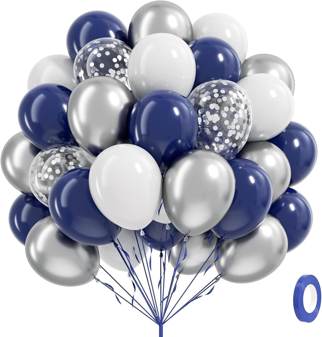 60pcs Navy Blue and Silver Balloons 12inch, Navy Blue and White Metallic Silver Confetti Balloons for Graduation Wedding Birthday Party Decorations
