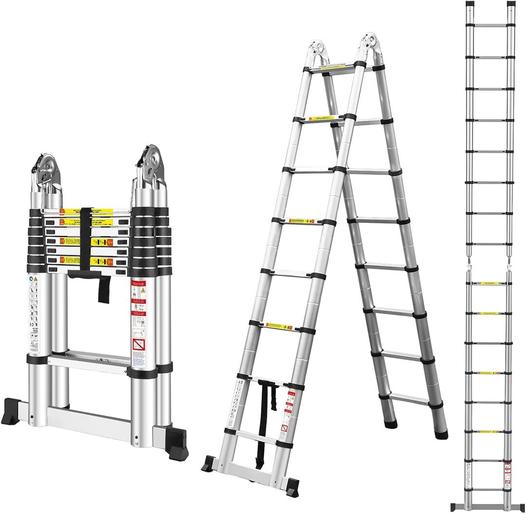Telescoping Ladder, Miscoos A-Frame 16.5FT Aluminum Telescopic Extension Ladder with Non-Slip Feet, Multi-Purpose Collapsible Ladder for RV or Outdoor Work,330lbs Capacity