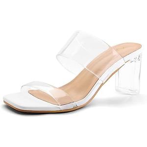 mysoft Clear Heels for Women Transparent Two Strap Block Chunky Square Heel Sandals Open Toe Slip On Sandals, Size 11