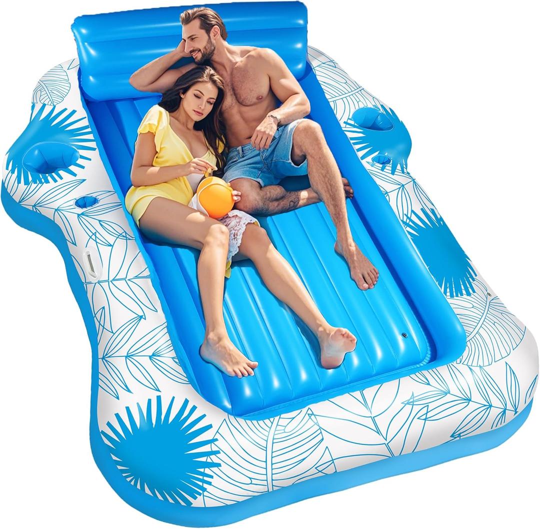 Inflatable Pool Lounger Float for Adults - JIANYHW X-Large Beach Sun Tan Tub Pool Lounge Raft Sunbathing Pool Floaties with 2 Food/Drink Holder, Blow Up Tanning Pool Bed Floating Mat