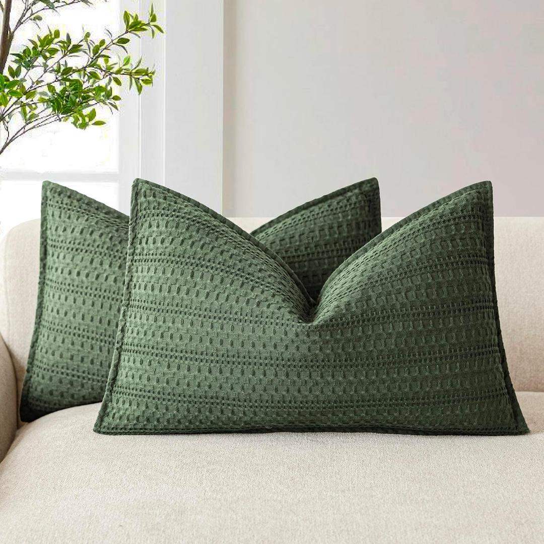 Foindtower Set of 2 Decorative Cotton Waffle Weave Lumbar Throw Pillow Covers Euro Shams Cushion Covers Accent European Pillowcase for Bed Couch Bedroom Living Room Home Decor 12x20 Inch Dark Green