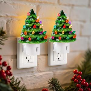 Brightown Ceramic Christmas Tree Night Light - 2 Pack 5.2" Christmas Decorative Ceramic Tree with ON/Off Switch, Vintage Christmas Night Light for Bedroom Bathroom Living Room Porch Holiday Decor (Green)