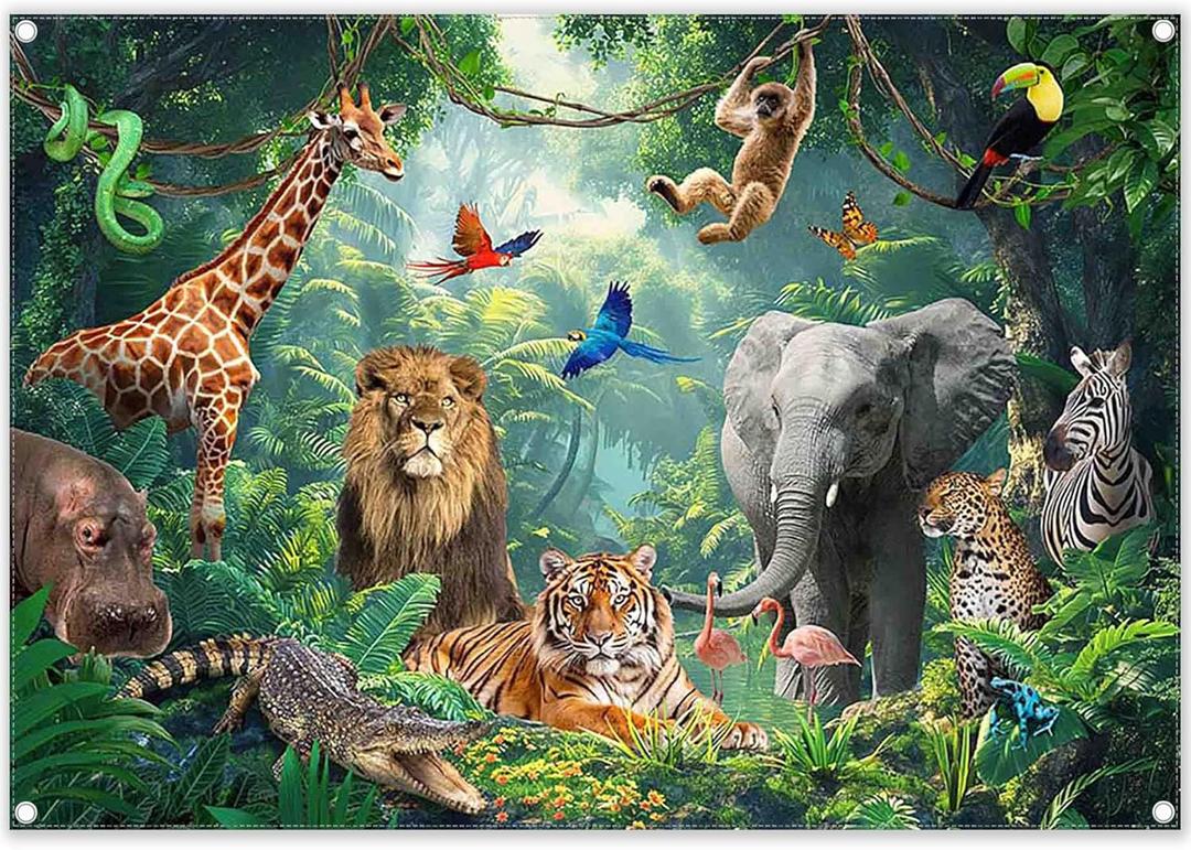 Fabric 7x5ft Jungle Forest Animals Photography Backdrop Tropical Rainforest Safari Background Wild Party Decorations Kids Event Photo Banner Props