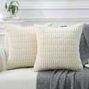2 Pack Corduroy Decorative Throw Pillow with Inserts, 18x18 Inch Soft Boho Throw Pillow, Square Striped Throw Pillows for Couch, Bed, Sofa Decor (White)