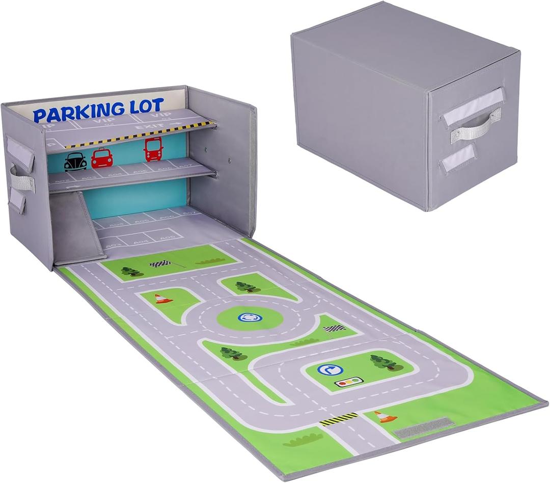 Livememory Toy Car Garage Box - Toy Car Storage Toy Car Box for with Car Rug Play Mat (Not Included Cars) (Gray - Parking Garage)