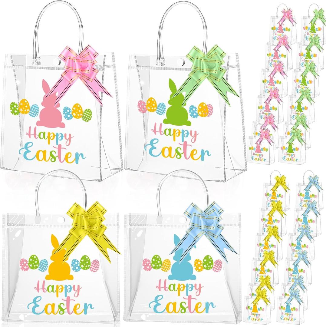 Sweetude 24 Pack Happy Easter Clear Gift Bags Bulk with Handles & Pull Bows, Reusable PVC Bunny Egg Treat Candy Bag Goodie Bags Pastel Plastic Gift Tote Bag for Easter Party Favors, 7.9 x 7.9 x 3.2 (Colorful)