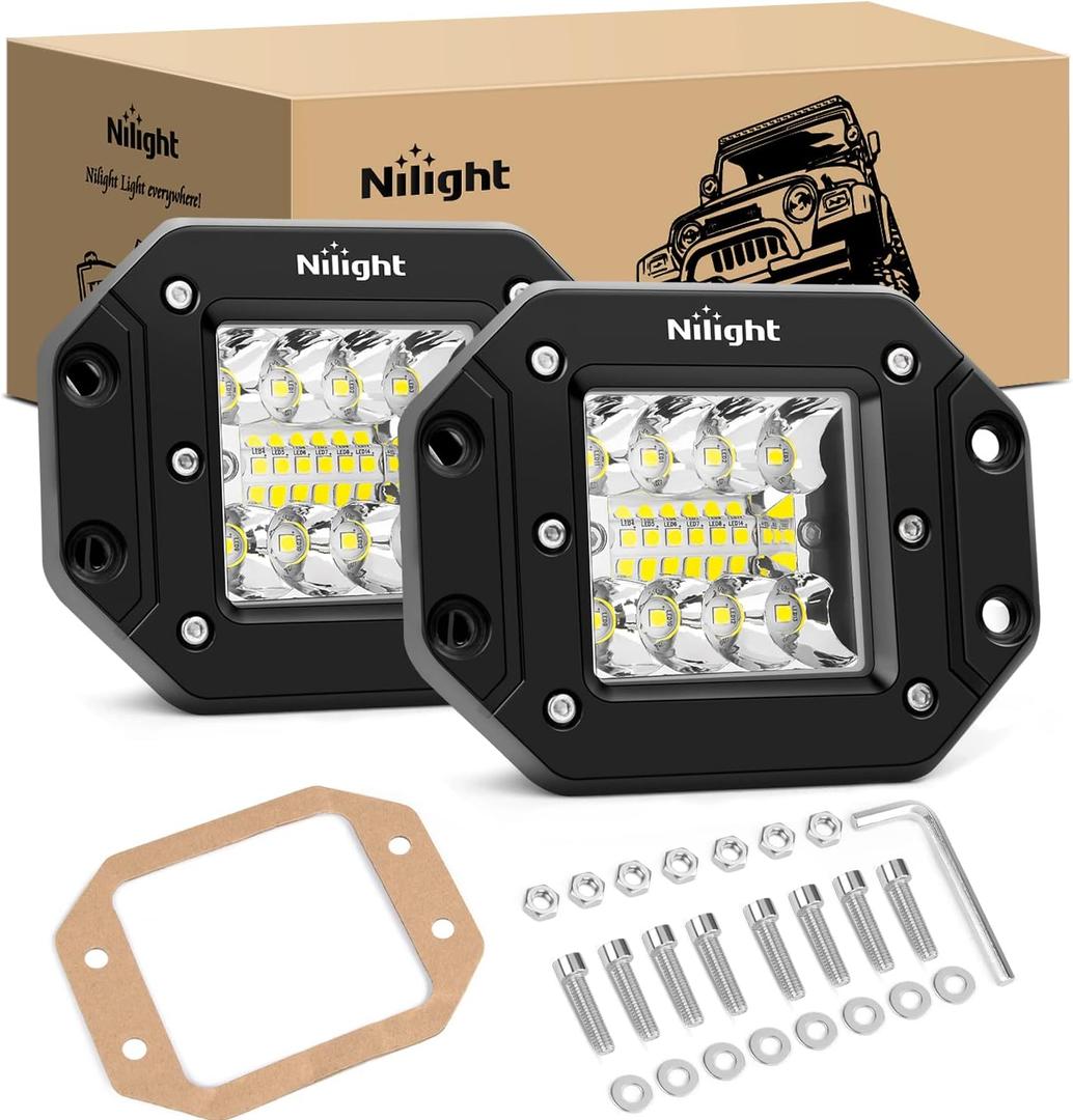 Nilight 2PCS 42W Flush Mount LED Light Pods Spot Flood Combo Backup Reverse Driving Headlamp Mount on Bumper Grille for 4x4 Offroad Truck SUV