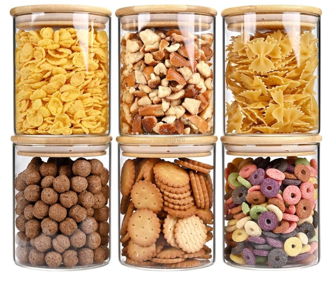 950 ml Glass Food Storage Jars, Glass Jars with Bamboo Lids, Kitchen Storage Jars, Set of 6, Canisters with Airtight Lids for Spice, Coffee, Cookie, Pantry Organizers