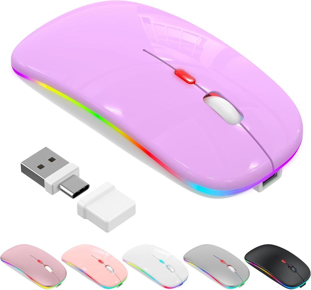 Azmall Bluetooth Wireless Mouse, Slim LED Rechargeable Silent Mouse with 2.4GHz USB-A/USB-C Receiver & Type-C Adapter, Compatible with Laptop, MacBook, iPad, iPad Pro,Mac,Tablet - Purple