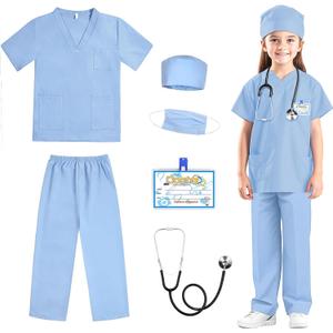 RioRand Doctor Costume for Kids, Toddler Nurse Scrubs with Accessories Christmas Dress Up Cosplay For Boys Girls 3-12 Years (Light Blue)