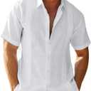 JEKAOYI Mens Casual Linen Cotton Button Down Short Sleeve Shirts Cuban Camp Guayabera Beach Tops (White, XXXL)
