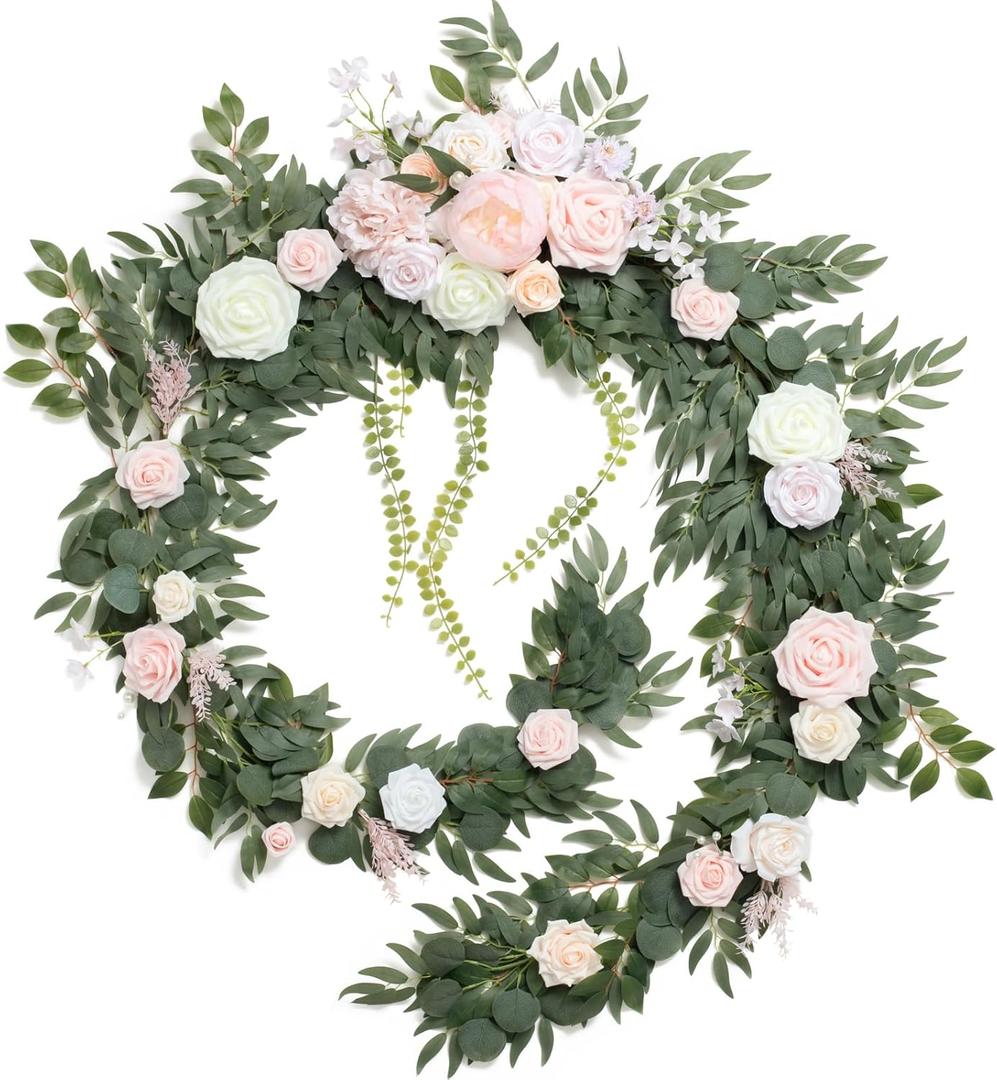 Ling's Moment 9FT Flower Garland for Backdrop Decorations - Wedding Arch Flowers, Eucalyptus & Rose, Artificial Floral Garland for Mantle - Sweetheart Table Decor for Ceremony Reception, French Pink (Pk-blush & Cream)