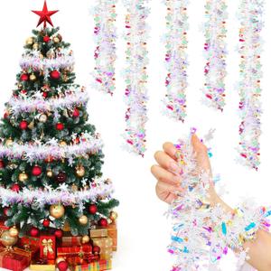 Dilunave 40ft Rainbow Film Glitter Christmas Tinsel Garland with White Snowflakes- Metallic Twist Shiny Hanging Ornament for Xmas Tree, Home Stairs, Indoor Outdoor Party Decoration