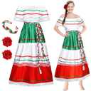 Riyiper Traditional Mexican Dress for Women Fiesta Senorita Costume Spanish Dress with Flower Hair Clip Headband(2X-Large) (2X-Large (Pack of 1))