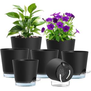 Meowell Self Watering Pots Set of 7 Assorted Size 4" to 8" Indoor Plant Pots with Drainage Holes and Clear Reservoir for Visible Water Level, Plastic Wicking Planter for House Plants & Flower, Black