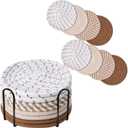 Drink Coasters 8 Pack with Holder, 4-Color Cotton Woven Absorbent Coasters Set, Minimalist 4.3in Cup Mat for Home Decor, Dining Table, Living Room, Tabletop-Protection for Coffee Beverage-Brown
