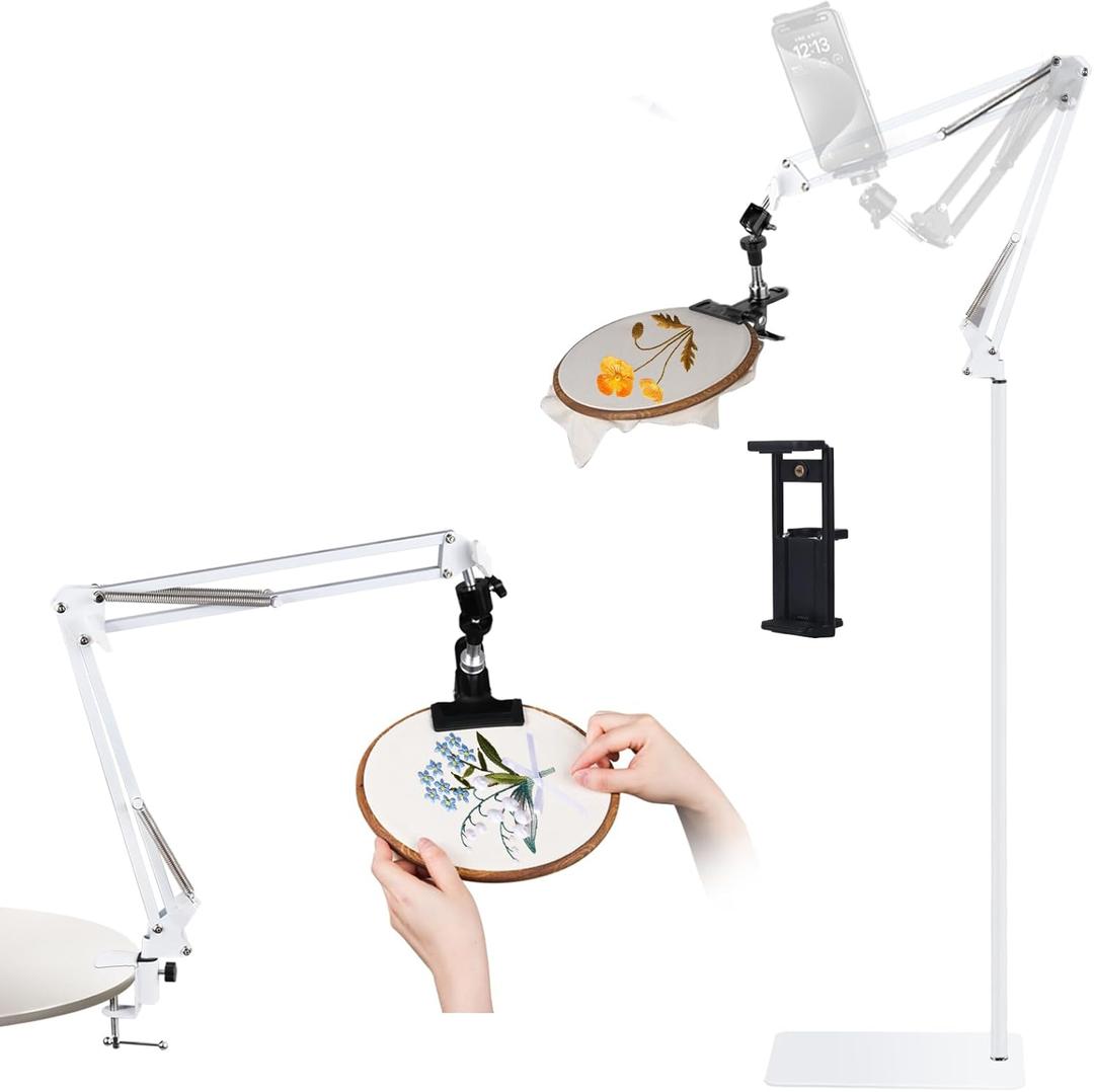 Adjustable Embroidery Hoops Stand for Hand Work, Cross Stitch Frame with 360 Rotation, Embroidery Desktop Stand Suitable for Embroidery Kit,3-in-1 Hoop/Tablet/Phone Holder Floor&Desktop Stand White