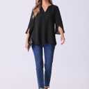 Allegra K Women's 3/4 Sleeve V Neck Chiffon Flowy Mesh Shirt Casual Loose Work Tunic Blouse Top (Black, S)