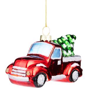 Joiedomi Red Truck with Tree Mini Christmas Ornaments, Blown Glass Small Funny Ornament for Christmas Tree Hanging Decorations Indoor, Xmas Party Favors Cute Presents